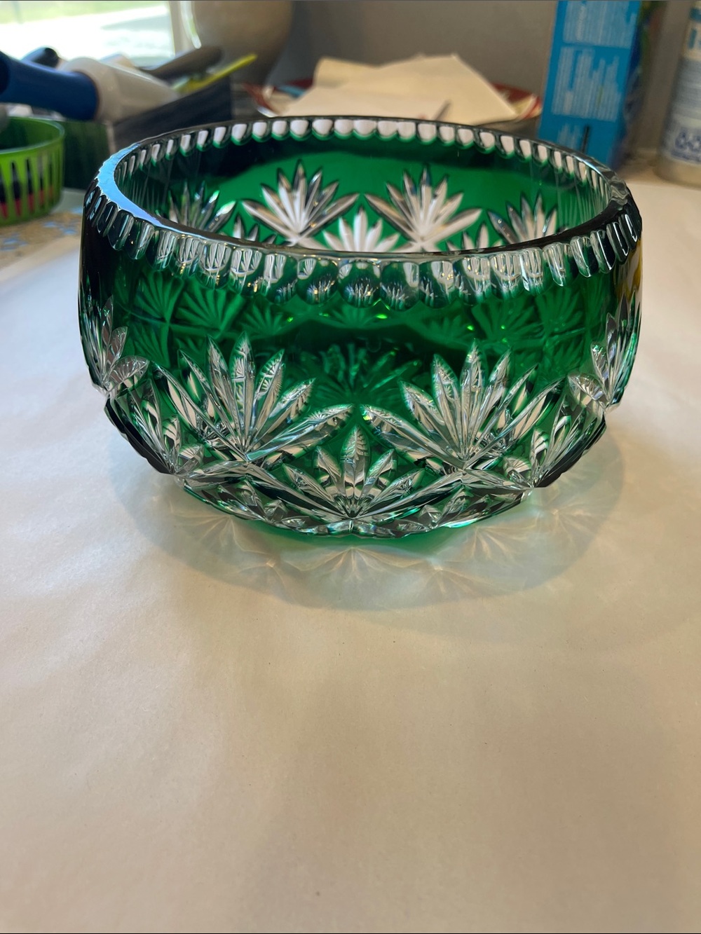 Ajka Crystal Emerald Green Cased and Cut to Clear Console Bowl Bohemian Crystal